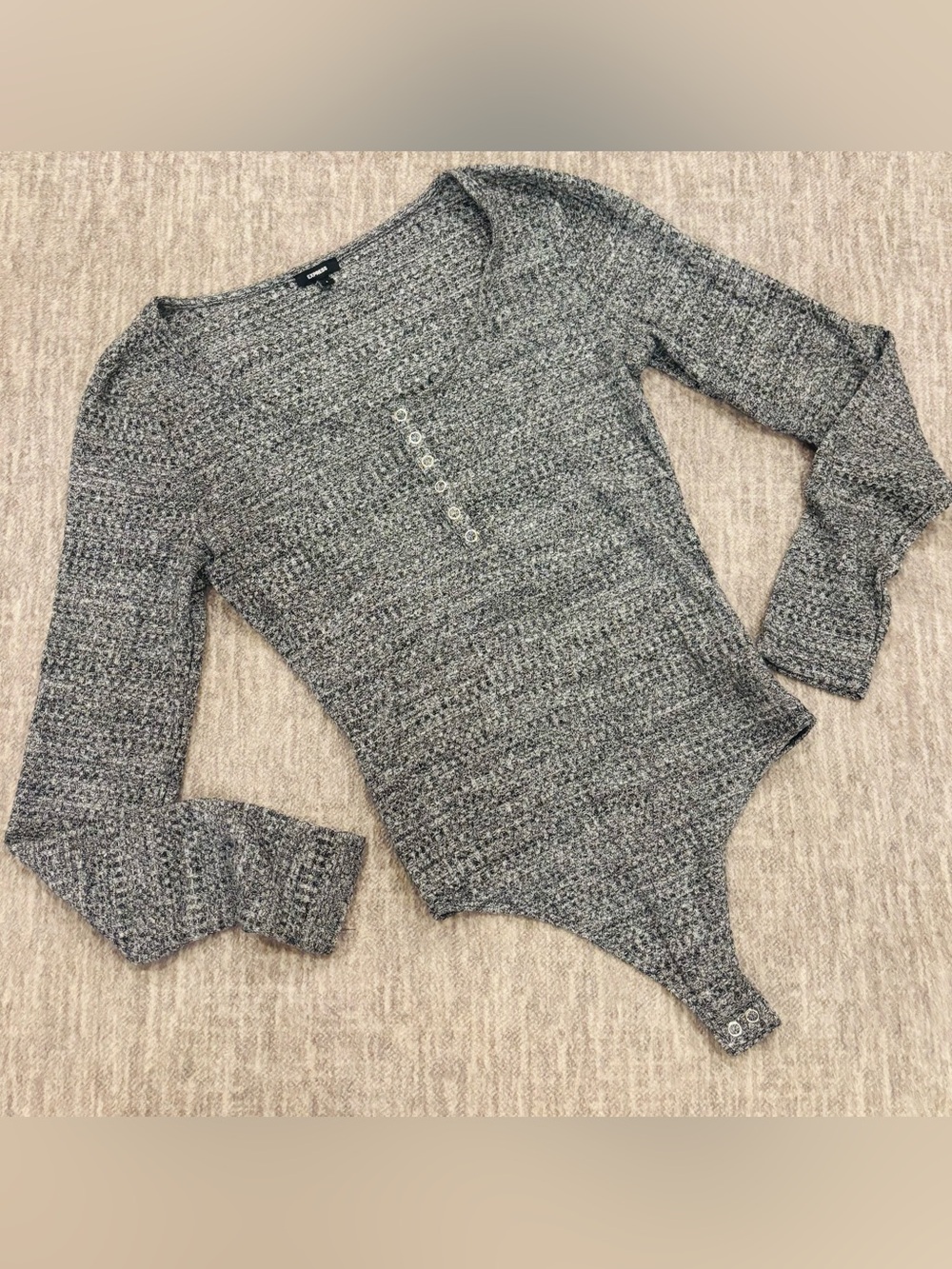 Express Gray Marled Scoop Neck Henley Bodysuit Sweater